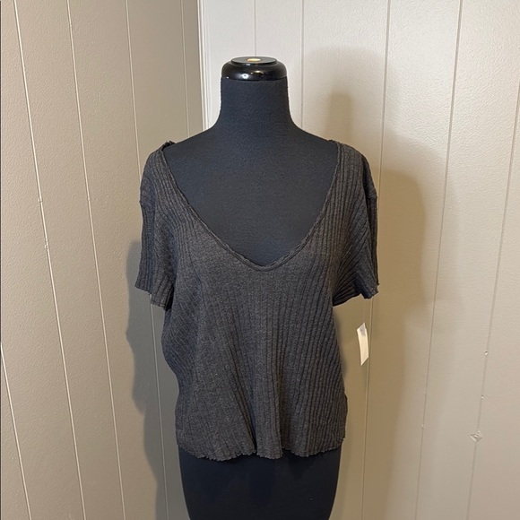 Project Social T Women’s Medium Gray Relaxed Ribbed Blouse V Neck - Picture 1 of 5
